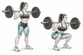 Realistic exercise illustration of Back Squat thumbnail highlighting Quadriceps, Glutes, Adductors.