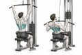 Realistic exercise illustration of Lat Pulldown thumbnail highlighting Lats, Upper back, Biceps.