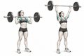 Realistic exercise illustration of Overhead Press thumbnail highlighting Shoulders, Triceps, Upper chest.
