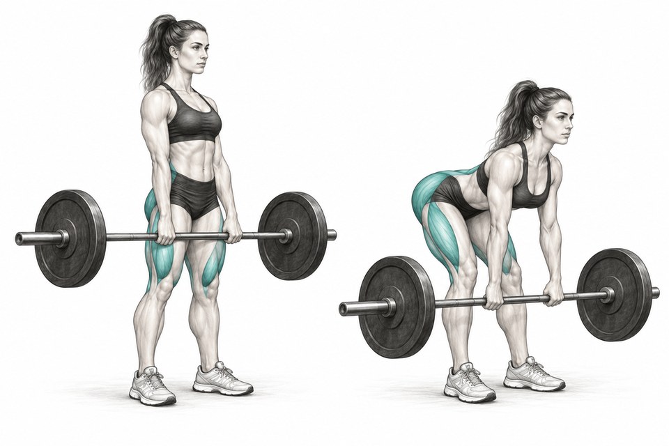 Realistic exercise illustration of Romanian Deadlift highlighting Glutes, Hamstrings, Back with proper exercise form.