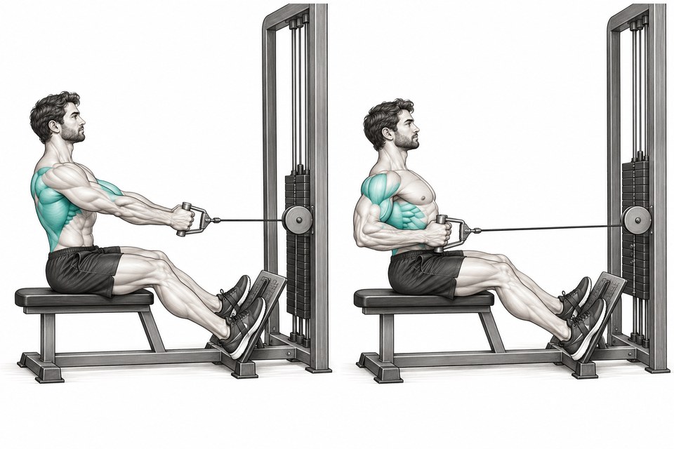 Realistic exercise illustration of Seated Cable Row highlighting Lats, Mid back, Biceps with proper exercise form.