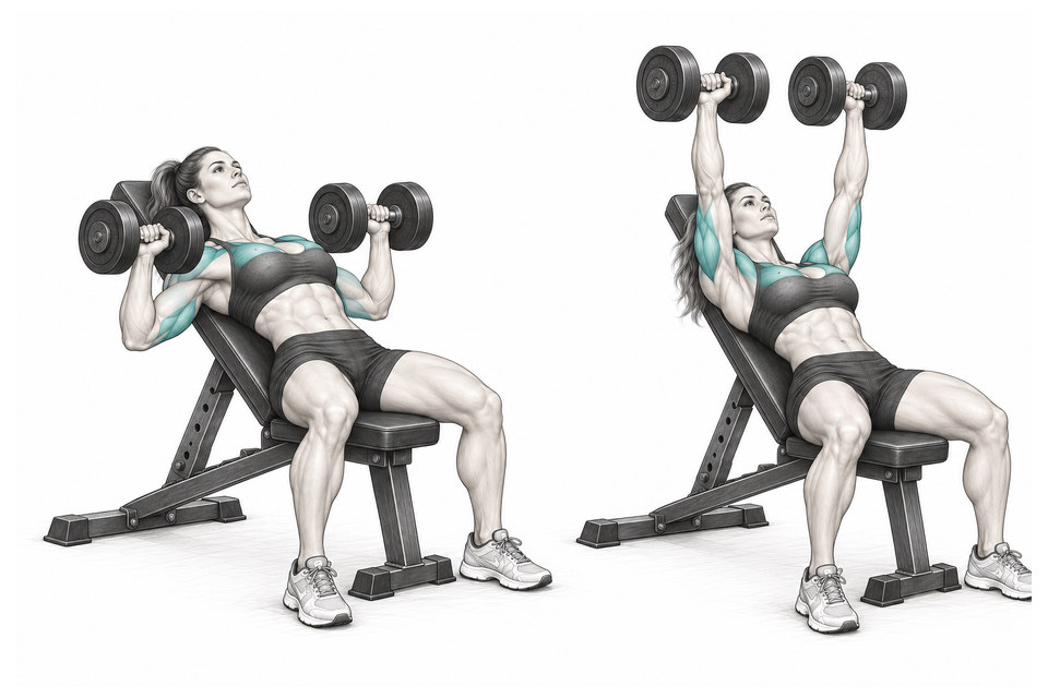 Realistic exercise illustration of Incline Dumbbell Bench Press highlighting Chest, Front shoulders, Triceps with proper exercise form.